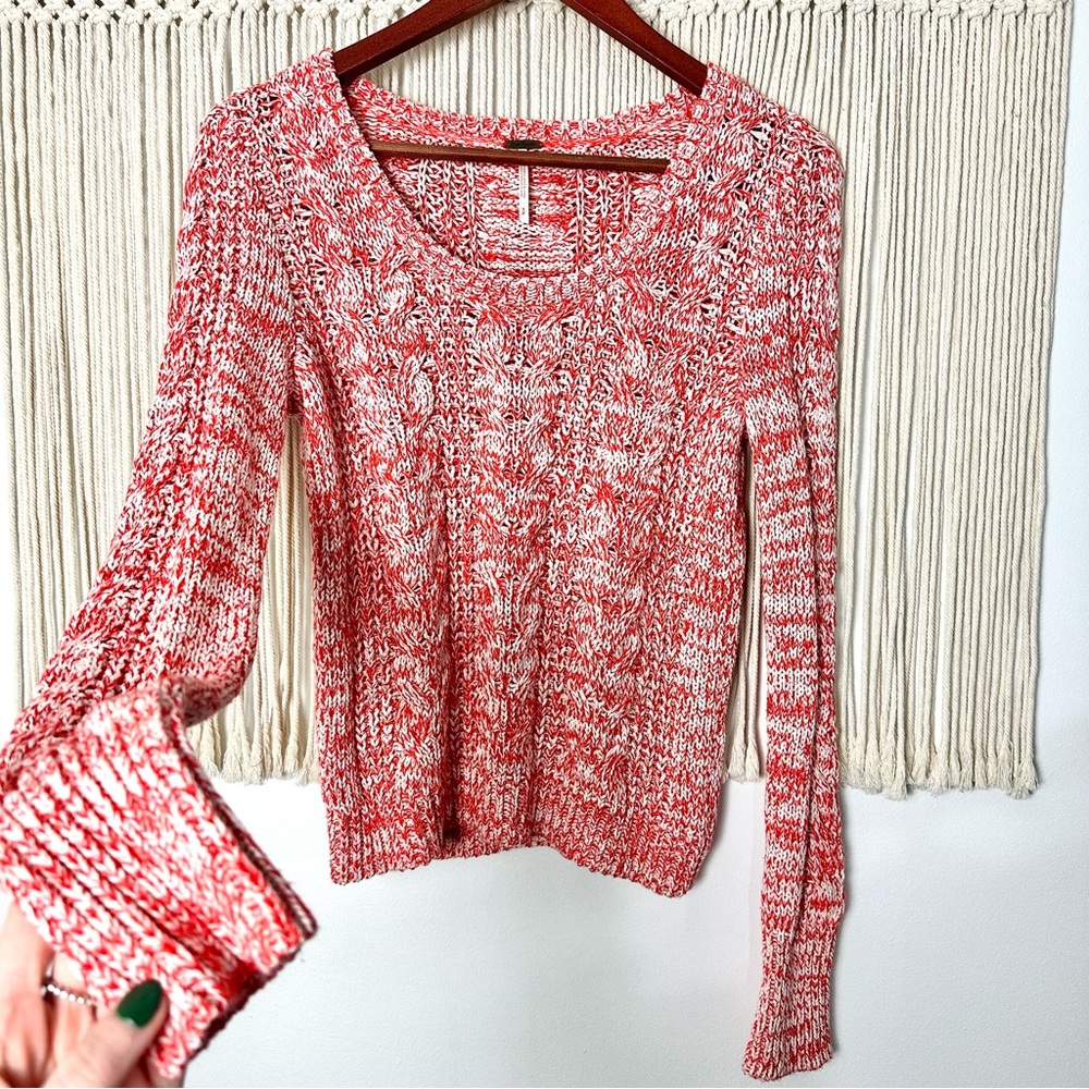 Free People Heathered Scoop Neck Orange White Cable Knit Sweater Size Small